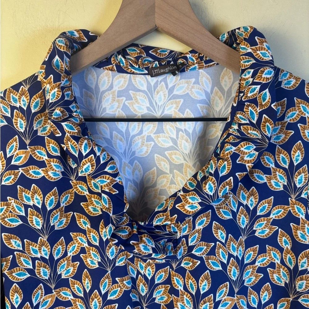 J. McLaughlin Blue and Orange Patterned Top Ruffle Neckline 3/4 Sleeves Small - Picture 3 of 4